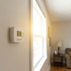 A wall-mounted thermostat is positioned next to a window with bright sunlight illuminating the wall and device.