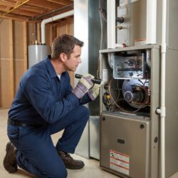 A male HVAC technician in a uniform kneels, inspecting the components of a furnace in a home basement.