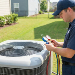 HVAC technician inspects an outdoor air conditioning unit