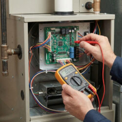 technician uses a multimeter to test electrical controls inside a furnace