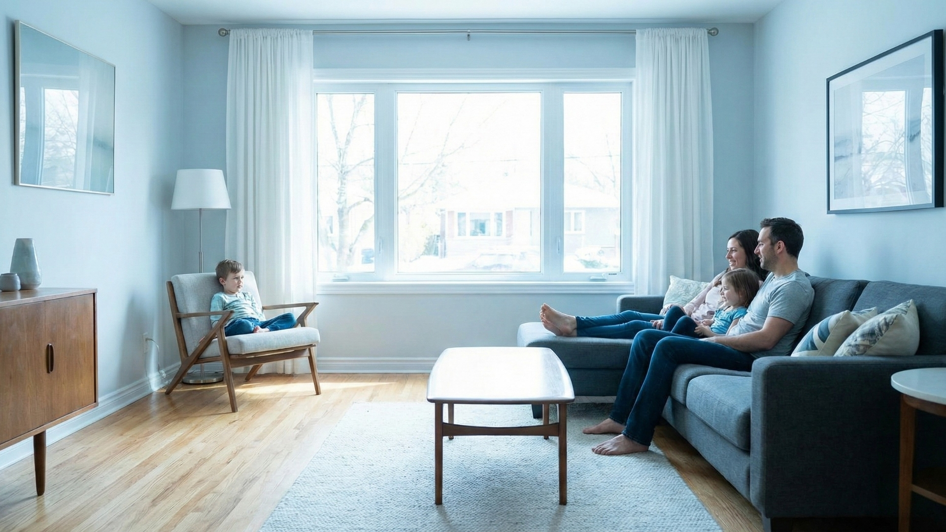 family relaxing comfortably in a sunlit living room