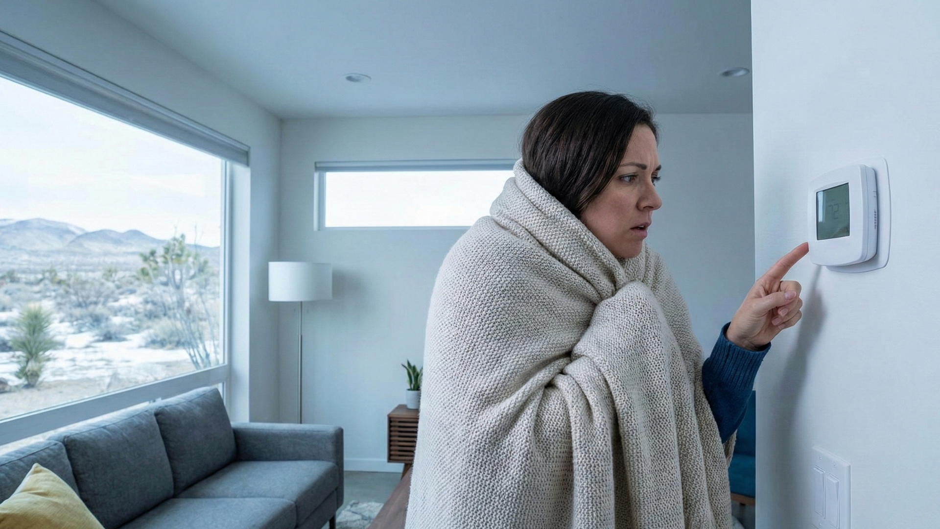homeowner wrapped in a blanket looks concerned at a thermostat