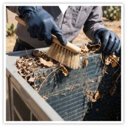 Close-up of a technician cleaning debris from an outdoor air conditioning unit.