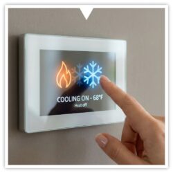 Hand adjusting a smart thermostat from heating mode to cooling mode.