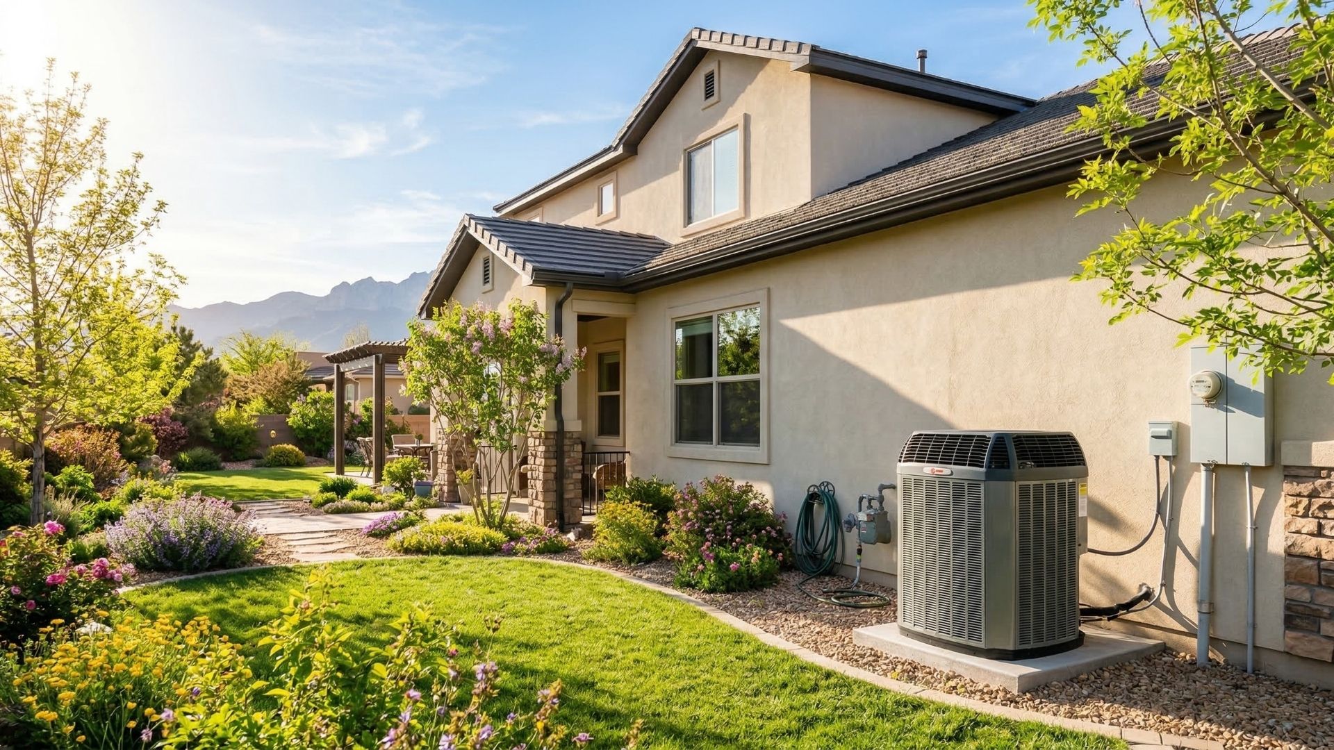 Modern air conditioning unit in a Las Cruces backyard with desert mountains in the background.