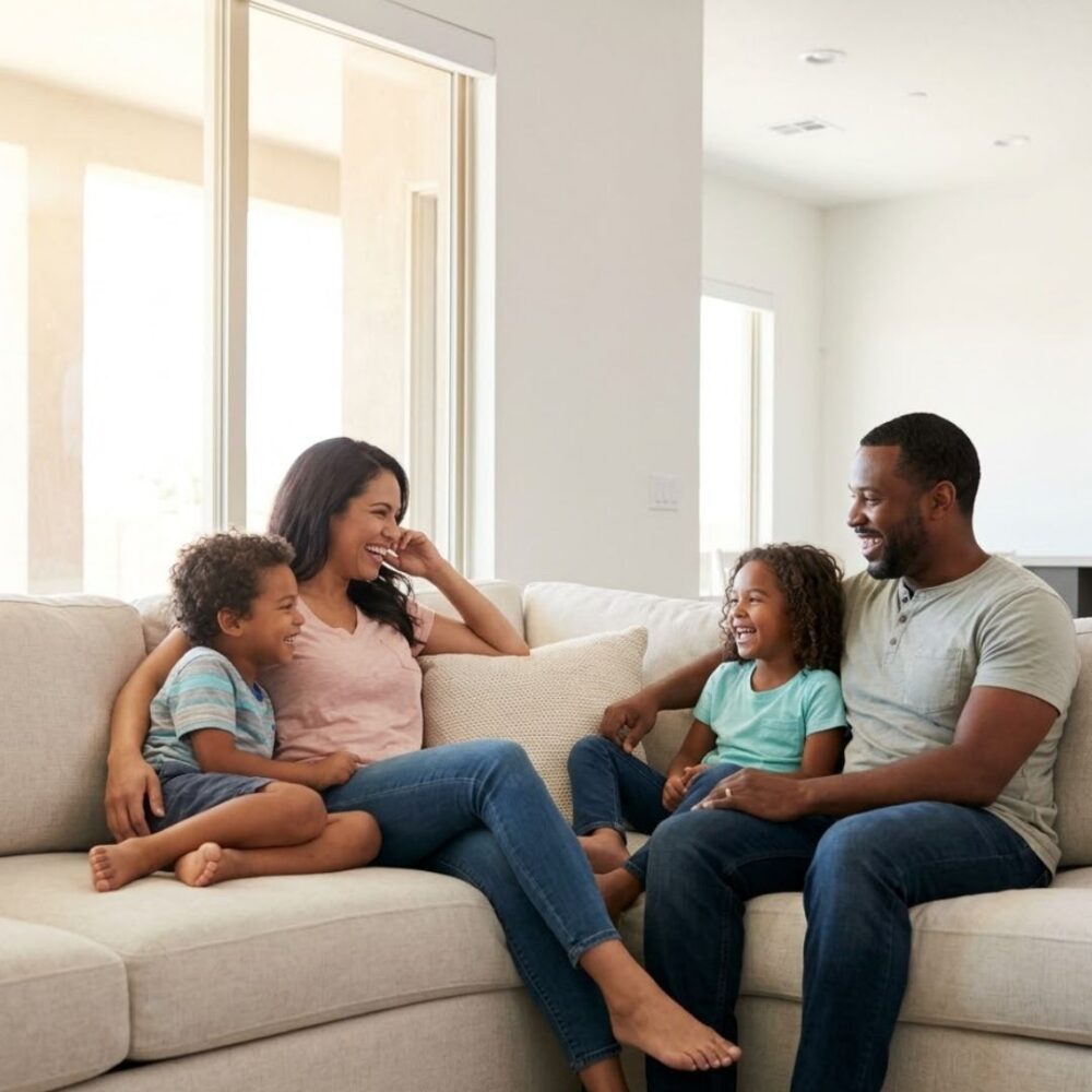 A family of four relaxes happily on a sofa in a bright and cool comfortable living room.