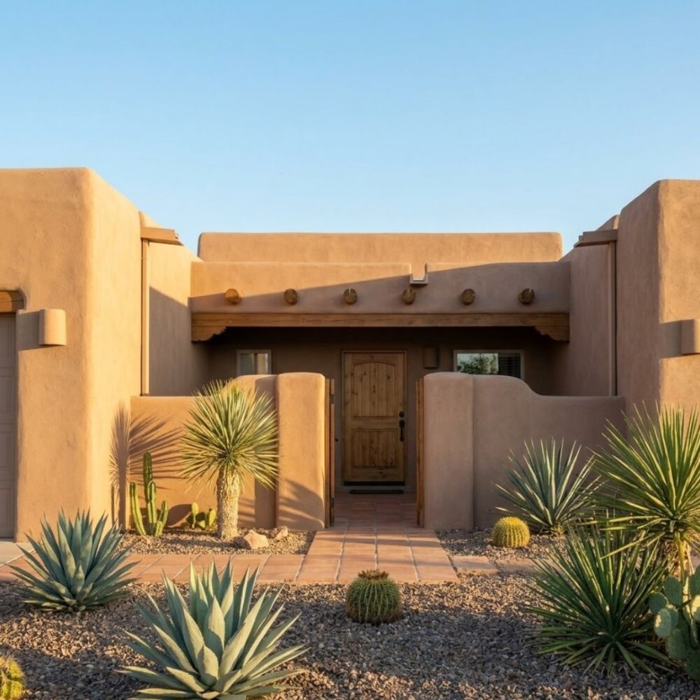 An authentic southwest style home exterior is bathed in clean natural morning lighting.