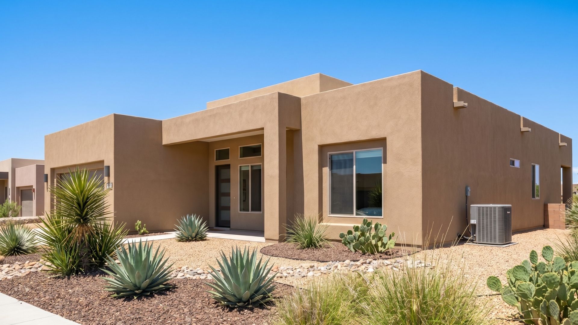 A bright, modern desert home exterior in Las Cruces stands under a clear sunny blue sky.